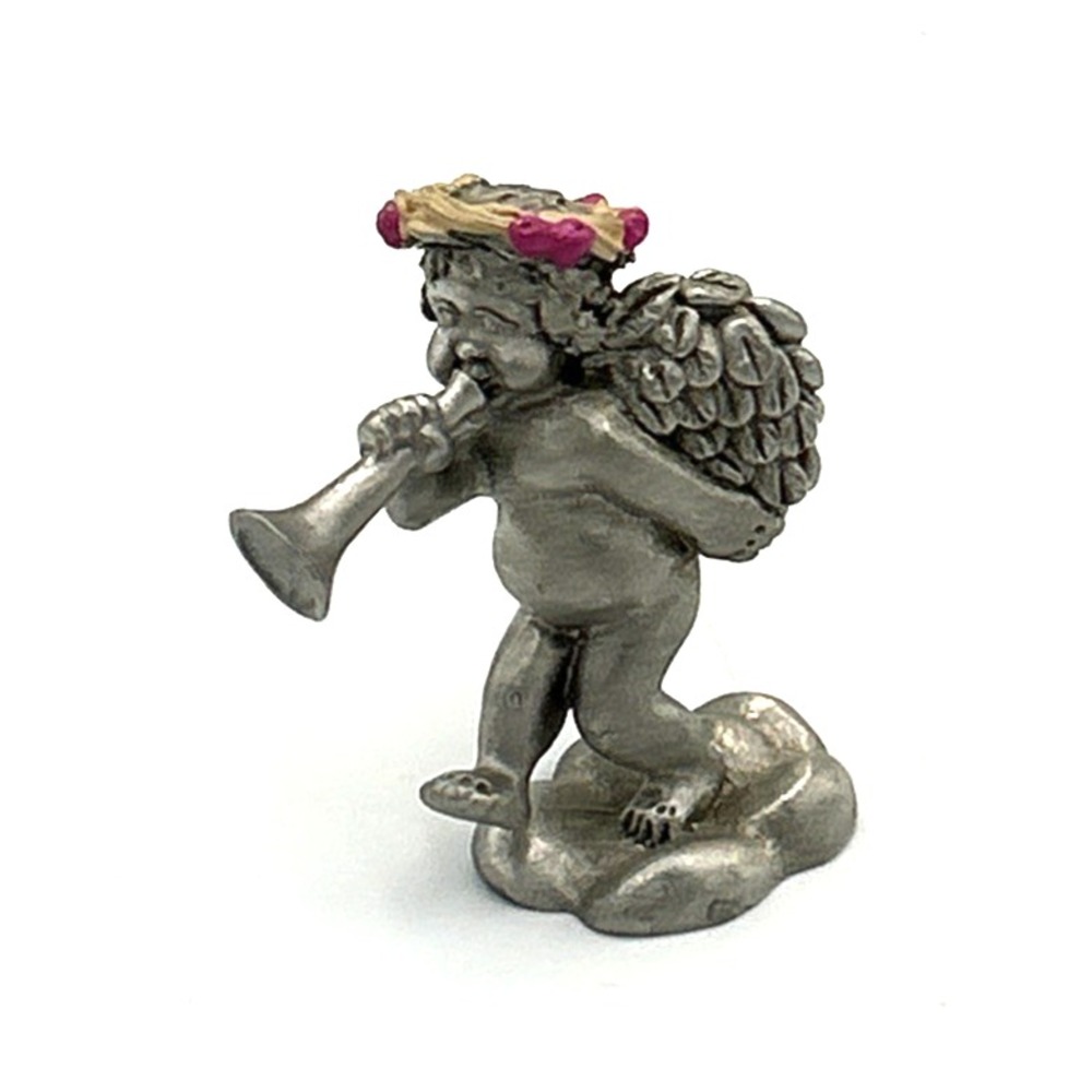 Spoontiques Pewter Cherub Angel Figurine Playing Horn Floral Wreath